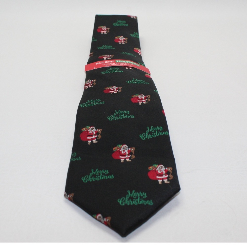Holiday Traditions Mens Santa Merry Christmas Black Necktie NEW